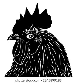 Head of a rooster. Animal design. Black and white negative silhouette.