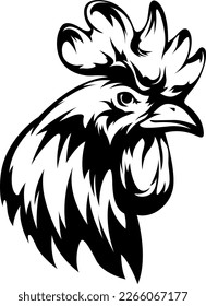 Head of rooster. Cock abstract character illustration. Graphic logo designs template for emblem. Image of portrait for company use.