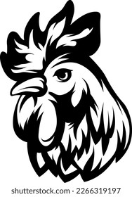 Head of rooster. Cock abstract character illustration. Graphic logo designs template for emblem. Image of portrait for company use.