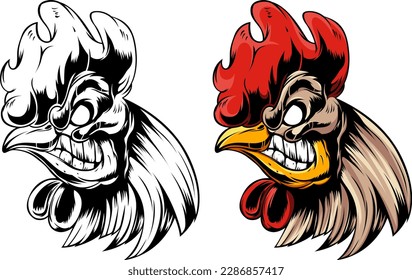 Head of rooster. Cock abstract character illustration. Graphic logo designs template for emblem. Image of portrait for company use.
