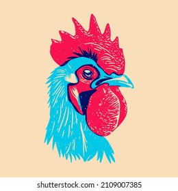 Head Of A Rooster. Colorful Cute Screen Printing Effect. Riso Print Effect. Vector Illustration. Graphic Element  For Fabric, Textile, Clothing, Wrapping Paper, Wallpaper