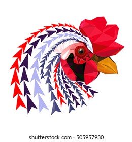 The head of a rooster, decorative in low poly style with feathers made of triangles. Symbol New Year 2017 according to the Chinese calendar. Festive new year and Christmas design. vector