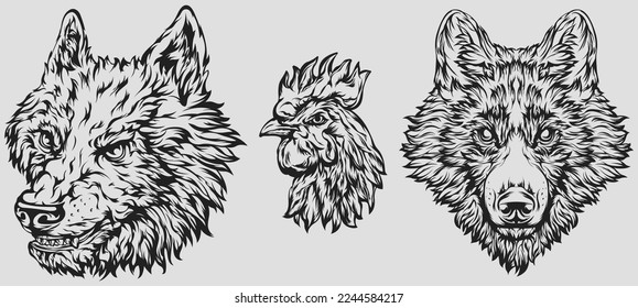 Head of rooster, dog, wolf. Abstract character illustration. Graphic logo designs template for emblem. Image of portrait.