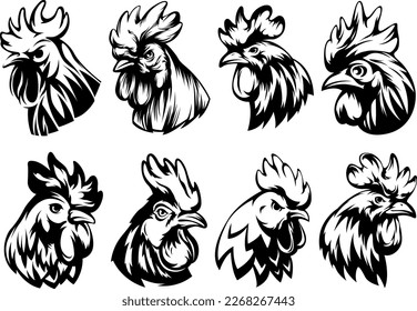 Head of rooster set. Cock abstract character illustration. Graphic logo designs template for emblem. Image of portrait for company use.