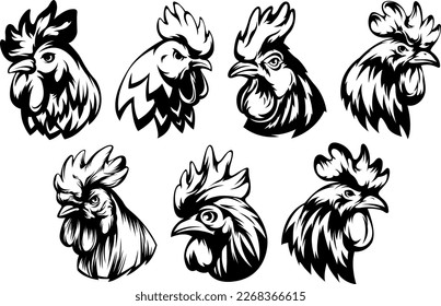 Head of rooster set. Cock abstract character illustration. Graphic logo designs template for emblem. Image of portrait for company use.