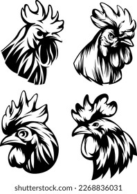 Head of rooster set. Cock abstract character illustration. Graphic logo designs template for emblem. Image of portrait for company use.