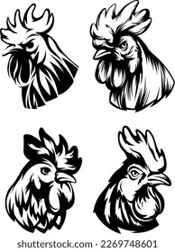 Head of rooster set. Cock abstract character illustration. Graphic logo designs template for emblem. Image of portrait for company use.