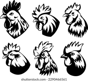 Head of rooster set. Cock abstract character illustration. Graphic logo designs template for emblem. Image of portrait for company use.