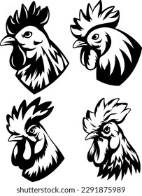 Head of rooster set. Cock abstract character illustration. Graphic logo designs template for emblem. Image of portrait for company use.