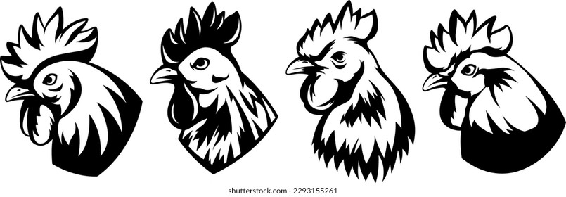 Head of rooster set. Cock abstract character illustration. Graphic logo designs template for emblem. Image of portrait for company use.