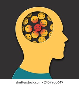 Head and sad and cheerful emoticons. Concept of development of depression and bad mood. Vector illustration.