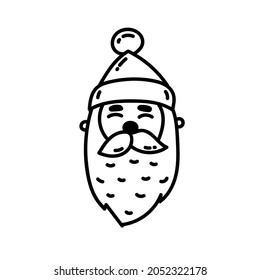 The head of Santa Claus. doodle black white Christmas. Vector illustration. Cartoon funny contour. Decoration for greeting cards, posters, patches and prints for clothes, emblems