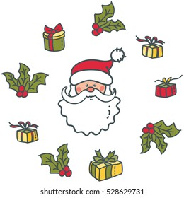 Head of Santa Claus and gifts. Elements for Christmas design. Vector illustration