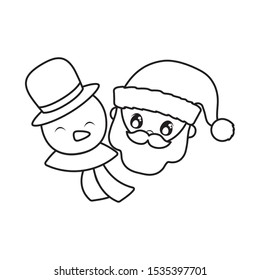 head of santa claus and snowman on white background vector illustration design