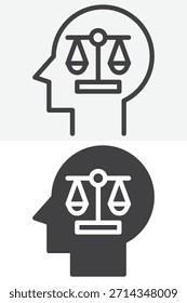 Cabeza con balanza de balanza diferente estilo icono conjunto. Línea, contorno y signo de Vector sólido, símbolo. Icono de Vector de trazo editable para ícono de ética.