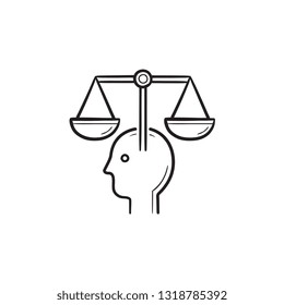 Head with scales hand drawn outline doodle icon. Artificial intelligence and machine ethics, law scale concept. Vector sketch illustration for print, web, mobile and infographics on white background.