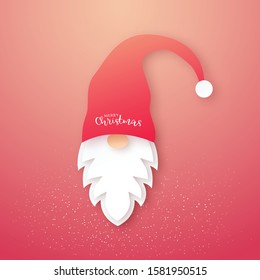 Head of the Scandinavian Gnome in red hat. Paper cut style. Christmas vector illustration.