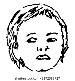 Head Of A Scared Child. Baby Face Portrait. Hand Drawn Linear Doodle Rough Sketch. Black Silhouette On White Background. Isolated Vector Illustration.