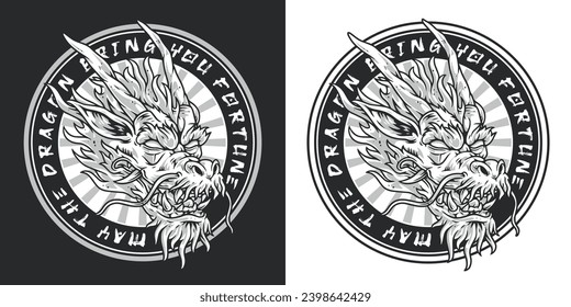 Head of scary dragon poster monochrome with face of mythical monster inside round frame and wish for fortune vector illustration