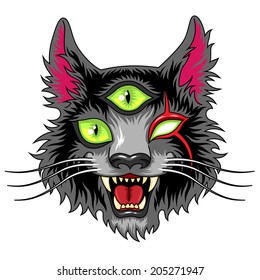 Head of scary fantasy cat with three green eyes