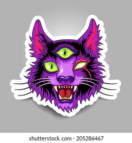 Head of scary fantasy cat with three green eyes. Youth sticker 