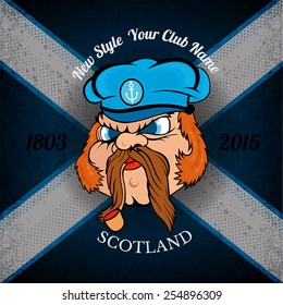 head of Scottish sailor in cap on Scotland flag grunge background.print street style