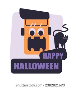 Head Scream and Black Cat as Halloween Trick or Treat Night Party Element Vector Illustration