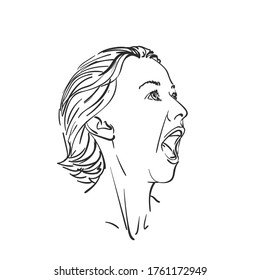Head of screaming girl with wide open mouth, Vector sketch, Hand drawn illustration