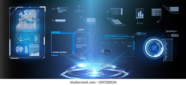 Head up screens for video games, apps, movie. Sky-fi holograms, warning in the form of holograms - attention, danger, countdown.  Sci Fi HUD modern futuristic user interface square Frames