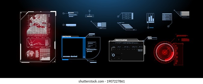 Head up screens for video games, apps, movie. Sky-fi holograms, warning in the form of holograms - attention, danger, countdown.  Sci Fi HUD modern futuristic user interface square Frames
