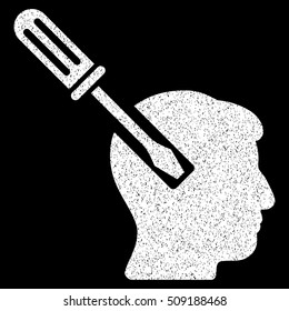 Head Screwdriver Tuning grainy textured icon for overlay watermark stamps. Flat symbol with dirty texture. Dotted vector white ink rubber seal stamp with grunge design on a black background.