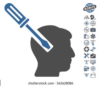 Head Screwdriver Tuning icon with bonus uav tools graphic icons. Vector illustration style is flat iconic cobalt and gray symbols on white background.