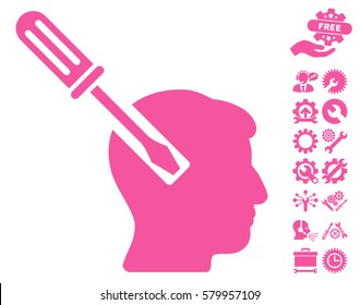 Head Screwdriver Tuning icon with bonus options icon set. Vector illustration style is flat iconic pink symbols on white background.