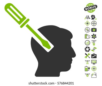 Head Screwdriver Tuning pictograph with bonus uav service icon set. Vector illustration style is flat iconic eco green and gray symbols on white background.