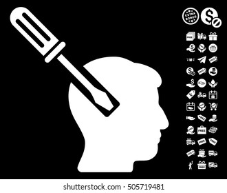 Head Screwdriver Tuning pictograph with free bonus symbols. Vector illustration style is flat iconic symbols, white color, black background.