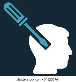 Head Screwdriver Tuning vector pictogram. Style is flat graphic bicolor symbol, blue and white colors, dark blue background.