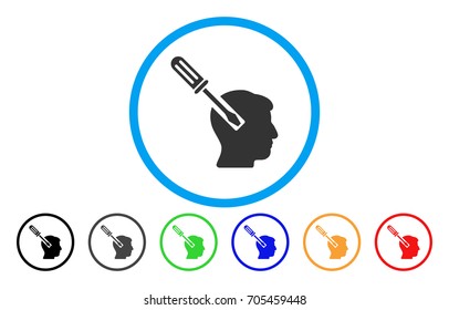 Head Screwdriver Tuning vector rounded icon. Image style is a flat gray icon symbol inside a blue circle. Bonus color variants are gray, black, blue, green, red, orange.