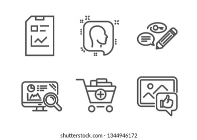 Head, Seo analytics and Add products icons simple set. Report document, Keywords and Like photo signs. Profile messages, Statistics. Business set. Line head icon. Editable stroke. Vector