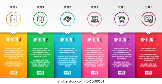 Head, Seo analytics and Add products icons simple set. Report document, Keywords and Like photo signs. Profile messages, Statistics. Business set. Infographic template. 6 steps timeline. Vector