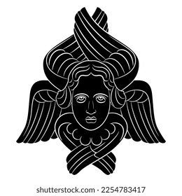 Head of Seraph or Seraphim. Face of an angel with six wings. Medieval Christian symbol. Russian Orthodox vintage art. Art Nouveau style. Black and white negative silhouette.