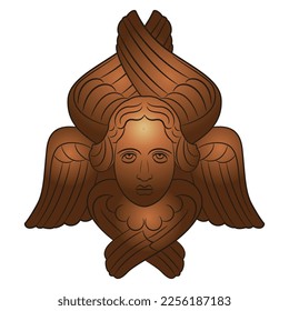 Head of Seraph or Seraphim. Face of an angel with six wings. Medieval Christian symbol. Russian Orthodox vintage art. Art Nouveau style. Isolated vector illustration.