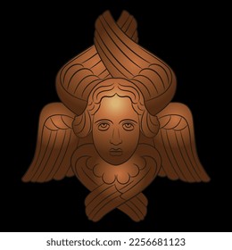 Head of Seraph or Seraphim. Face of an angel with six wings. Medieval Christian symbol. Russian Orthodox vintage art. Art Nouveau style. On black background.