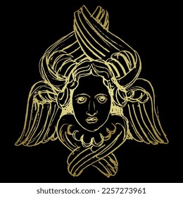 Head of Seraph or Seraphim. Face of an angel with six wings. Medieval Christian symbol. Russian Orthodox vintage art. Art Nouveau style. Hand drawn sketch. Golden silhouette on black background.