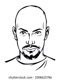The head of a serious man in a vector. Character for the company logo. Image is isolated on white background. Contour drawing of the head. The bald man is a hipster. Mascot, brand, image.