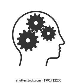 Head shape and gears icon. Face side silhouette and cogwheel sign.  Mental and pschology symbol. Creative thinking and innovation logo. Vector illustration image.
