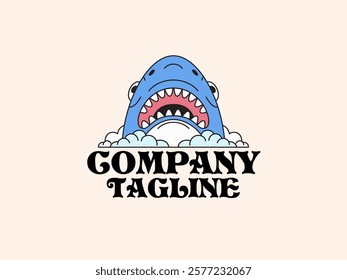 Head shark open peek from water logo cartoon hand drawn retro vintage vector for aquariums, marine-themed merchandise, and ocean conservation