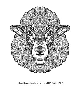 Head sheep. Ethnic patterns. Hand drawn vector illustration with floral elements.
