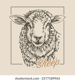 Head of a sheep, illustration in the style of a medieval engraving