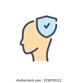 Head with shield and check mark color line icon. Personal protection vector outline colorful sign.