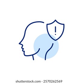 Head, shield and exclamation mark. Mental health risks awareness, personal safety reminders. Pixel perfect, editable stroke icon